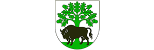 Herb gminy Hajnówka. Na srebrnej tarczy, przed dębem zielonym, na zielonej murawie czarny żubr.