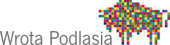 Logotyp marki Województwo Podlaskie. Żubr zbudowany z wielu różnobarwnych kwadratów, tworząc nowoczesną kompozycję, nawiązującą do współczesnego obrazu komputerowego. Obok napis: Wrota Podlasia